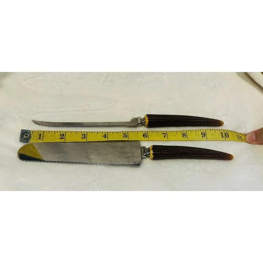 Set Of 2 Antique Stainless Antler Stag Horn Knifes Sharp Carving Made In USA